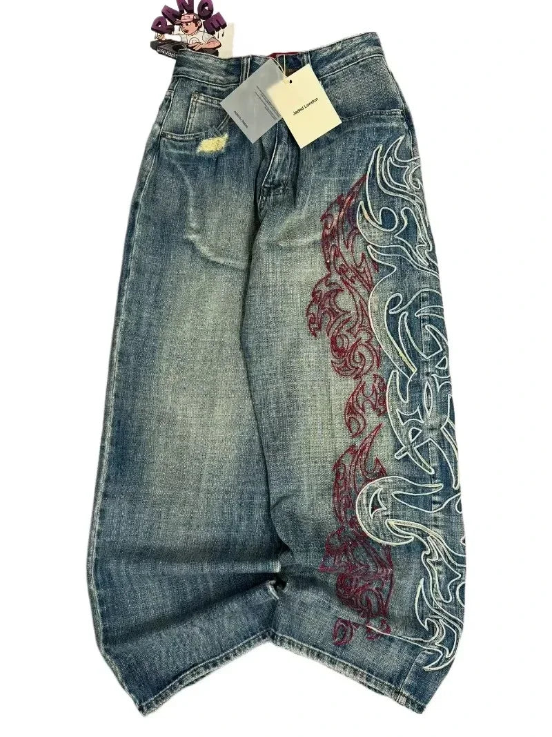 2025 New American Trend Vintage Hip-hop Embroidery Pattern Baggy Jeans Men And Women Y2K Harajuku Gothic Wide Pants Streetwear