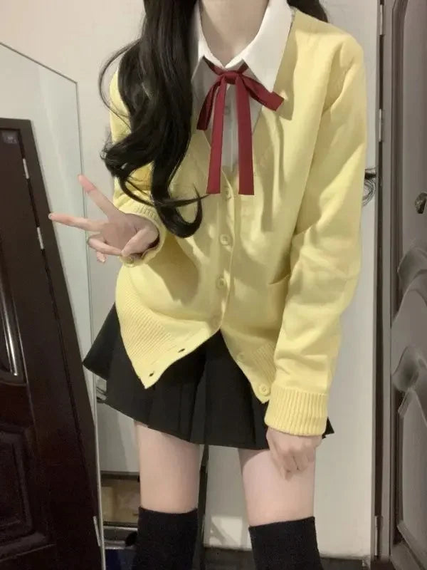 Yellow Knitted Cardigan Sweater Cute Japanese Preppy Style Long Sleeve Top Suit For Women Fashionable and Elegant Design