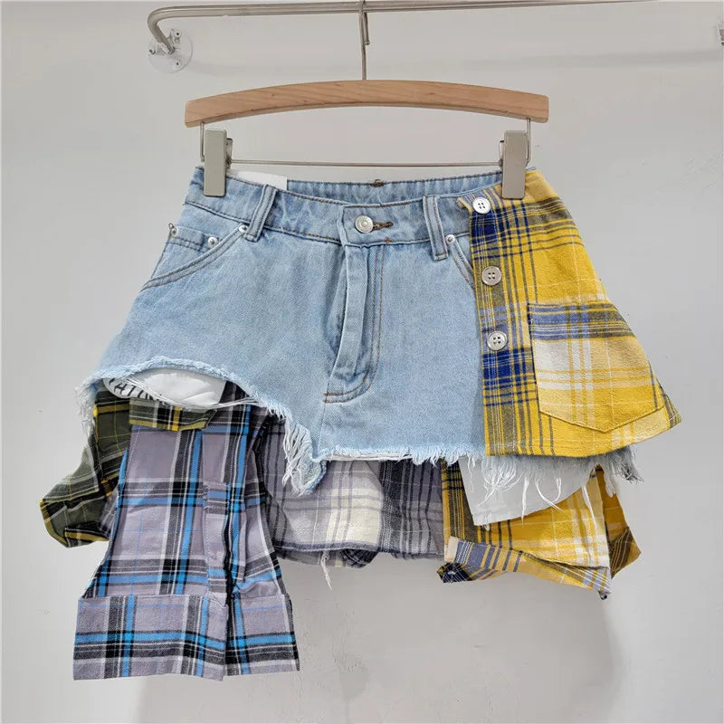 YEAE plaid patchwork irregular denim shorts women's fashion high-waisted A-word denim shorts skirt 2024 summer