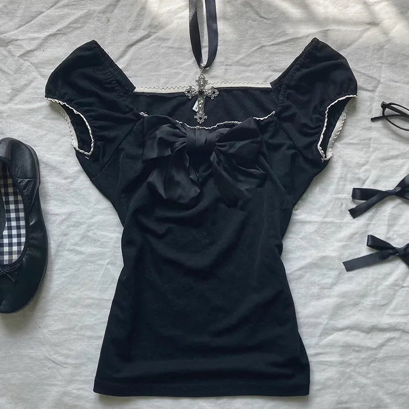 Y2K Fairy Grunge Crop Top for Women Short Sleeve Lace Patchwork T-Shirt Aesthetic Slim Fit Cute Babydoll Top Tees Streetwear Top