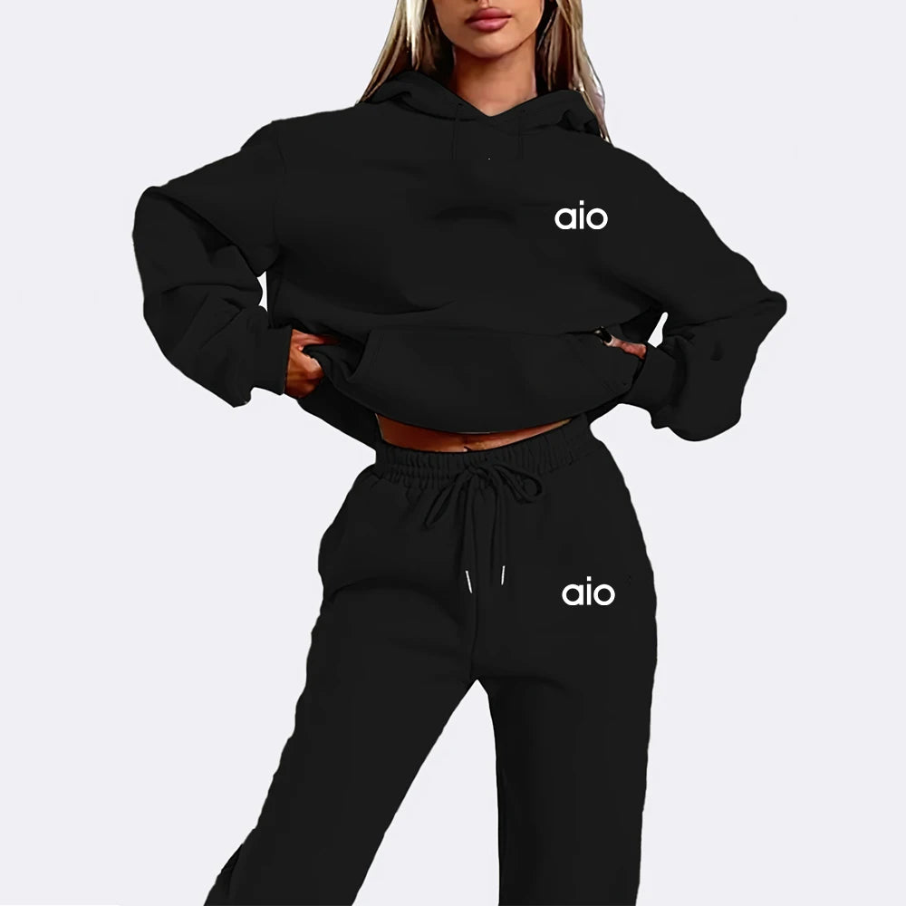 ai Printing High Quality Women Monochrome Hooded Hoodie Set Casual Two-Piece Set New Fashion Hot Selling