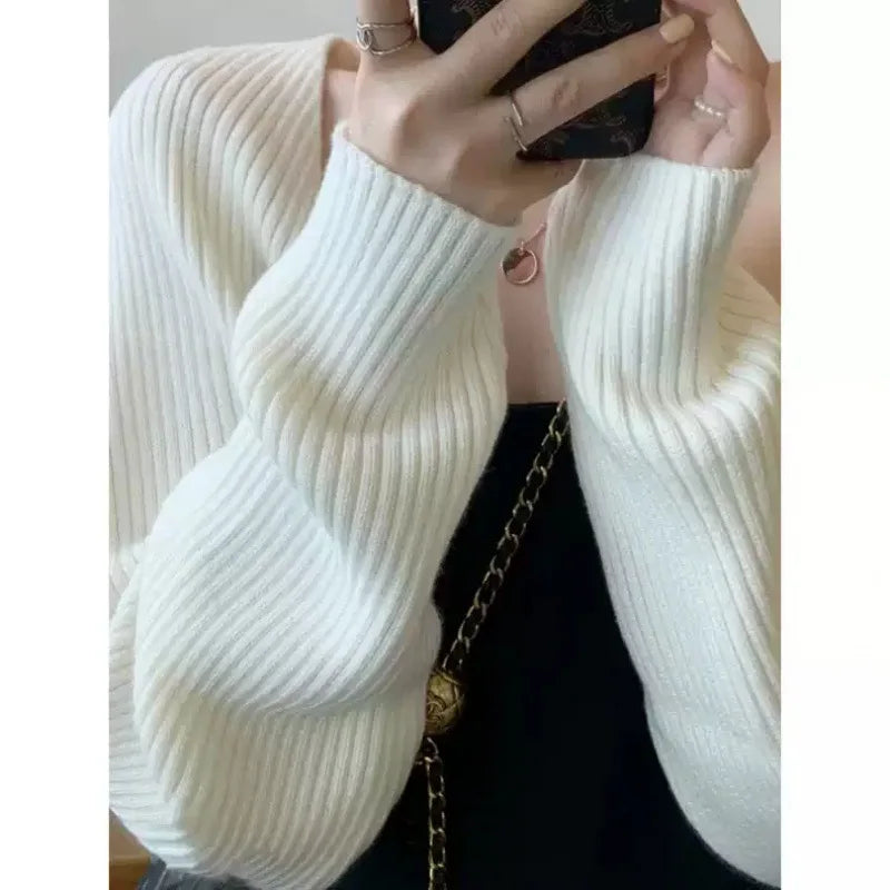 1pcs Four Season Women Cardigan Long Sleeve Short Shawl Jacket Sun Protection Knitted Cropped Loose Shirt Paired With Camisoles