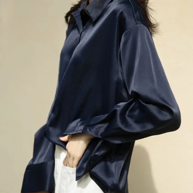 2025 Autumn Vintage Casual Button Silk Tops Elegant Satin Loose Women Shirt Spring Turn-down Collar Ladies Blouse
