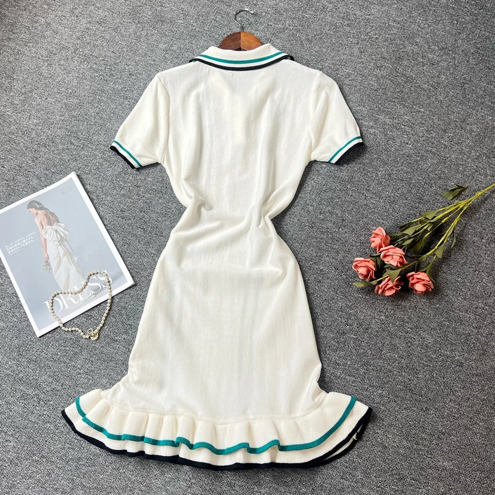 YuooMuoo Women Dress 2025 Summer Vintage Turn-down Collar Knitted Mini Dress Lady Slim Elastic Ruffled Bodycon Party Dress Robes