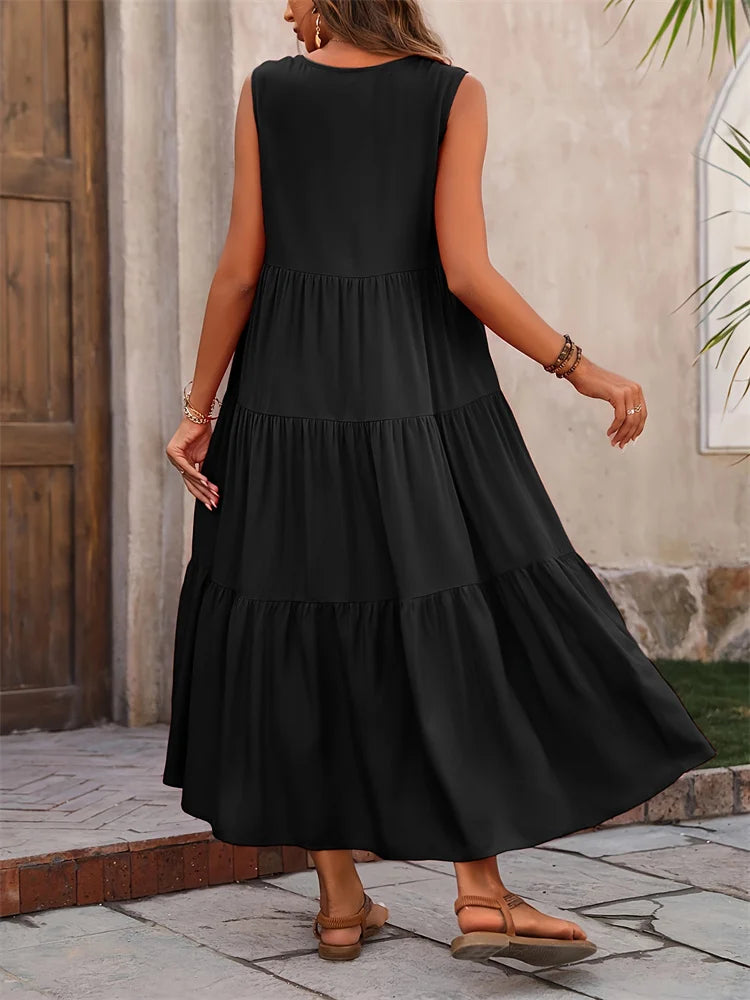 2024 Women Dress Summer Casual Brand Vacation Holiday Beach Long Dresses V-neck Loose Elegant Yellow Black RUFFLES Dress Femme