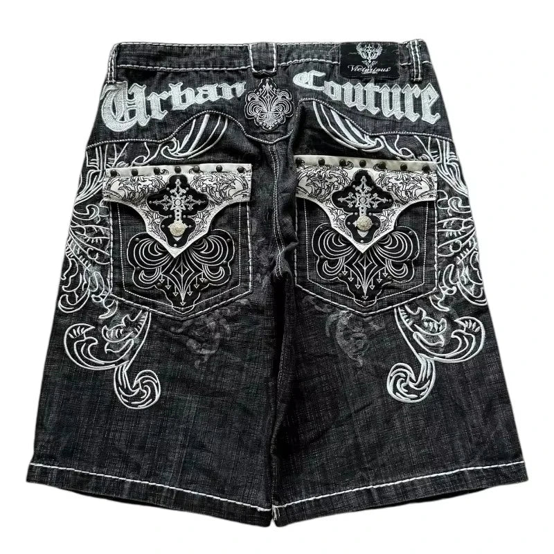 American Vintage Popular New Yellow Print Loose Denim Shorts Men Streetwear Fashion Gothic Casual Joker Shorts Women Clothing