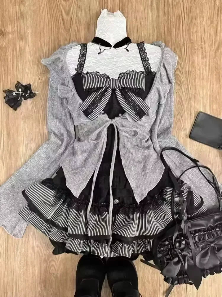Y2k High Waist Lolita Short Skirt Suit France Vintage Slim Slash Neck Print 2 Piece Set Women Sweet Cute Off Shoulder Top Female