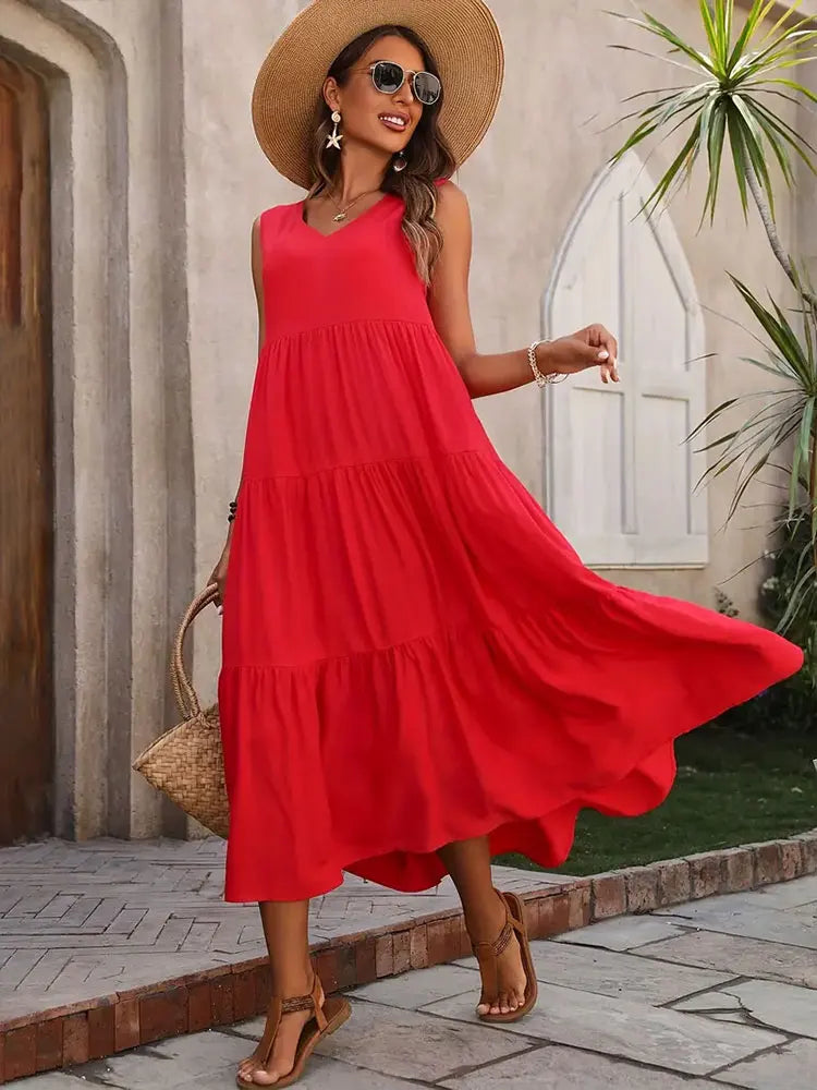 2024 Women Dress Summer Casual Brand Vacation Holiday Beach Long Dresses V-neck Loose Elegant Yellow Black RUFFLES Dress Femme