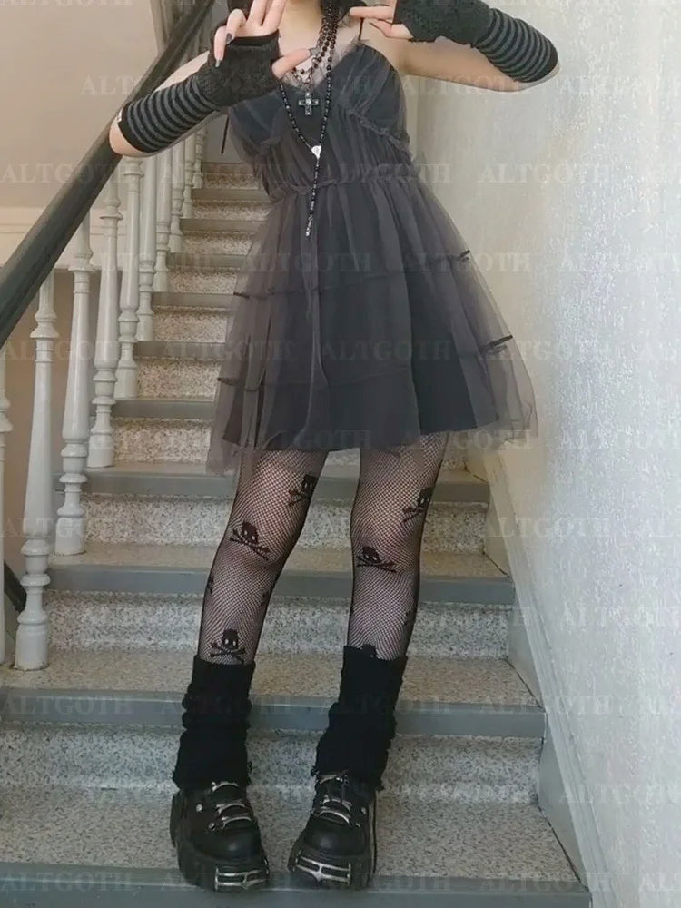 AltGoth Y2k Gothic Mesh Dress Women Fairycore Grunge Streetwear Sexy Spaghetti Strap High Waist A-line Dress Soft Goth Outfits