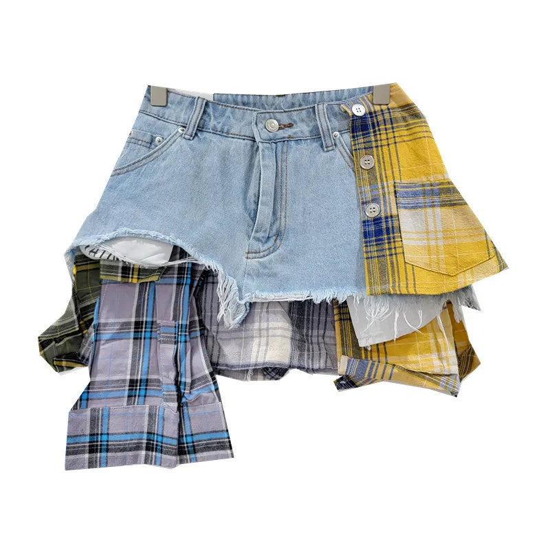YEAE plaid patchwork irregular denim shorts women's fashion high-waisted A-word denim shorts skirt 2024 summer