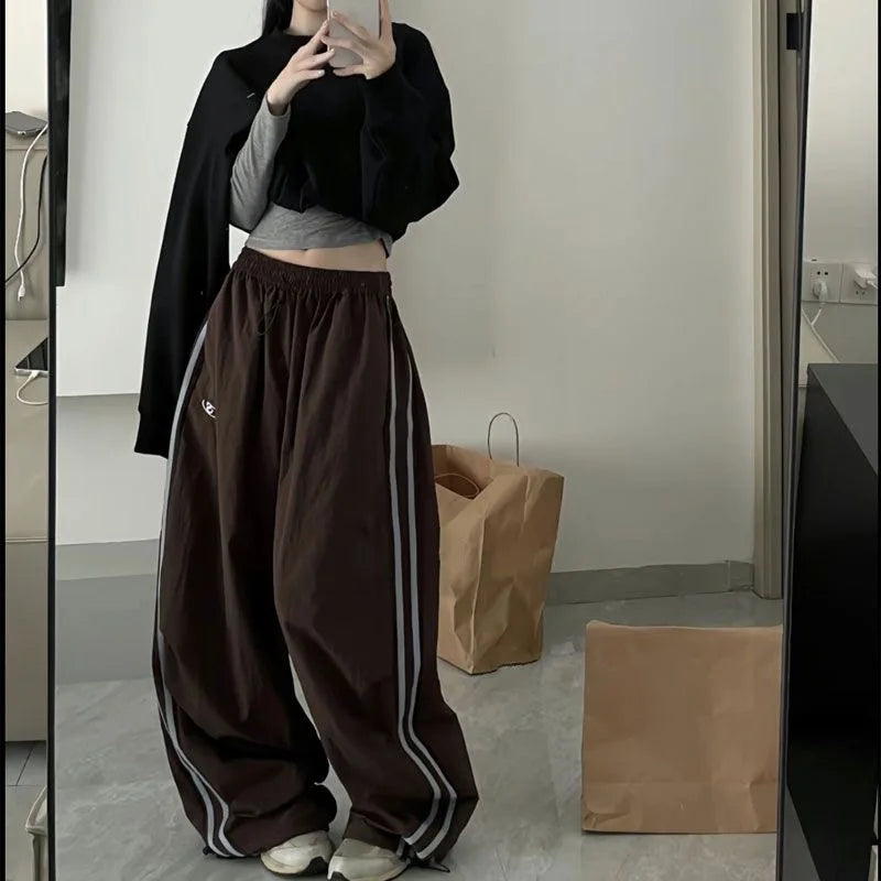 American Autumn Women Cargo Embroidery Pants Vintage Streetwear Wide Leg Sweatpants Casual Drawstring Oversize Fashion Trousers