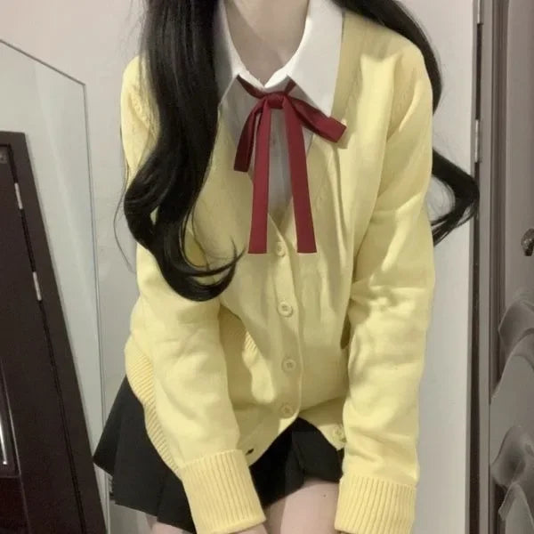 Yellow Knitted Cardigan Sweater Cute Japanese Preppy Style Long Sleeve Top Suit For Women Fashionable and Elegant Design