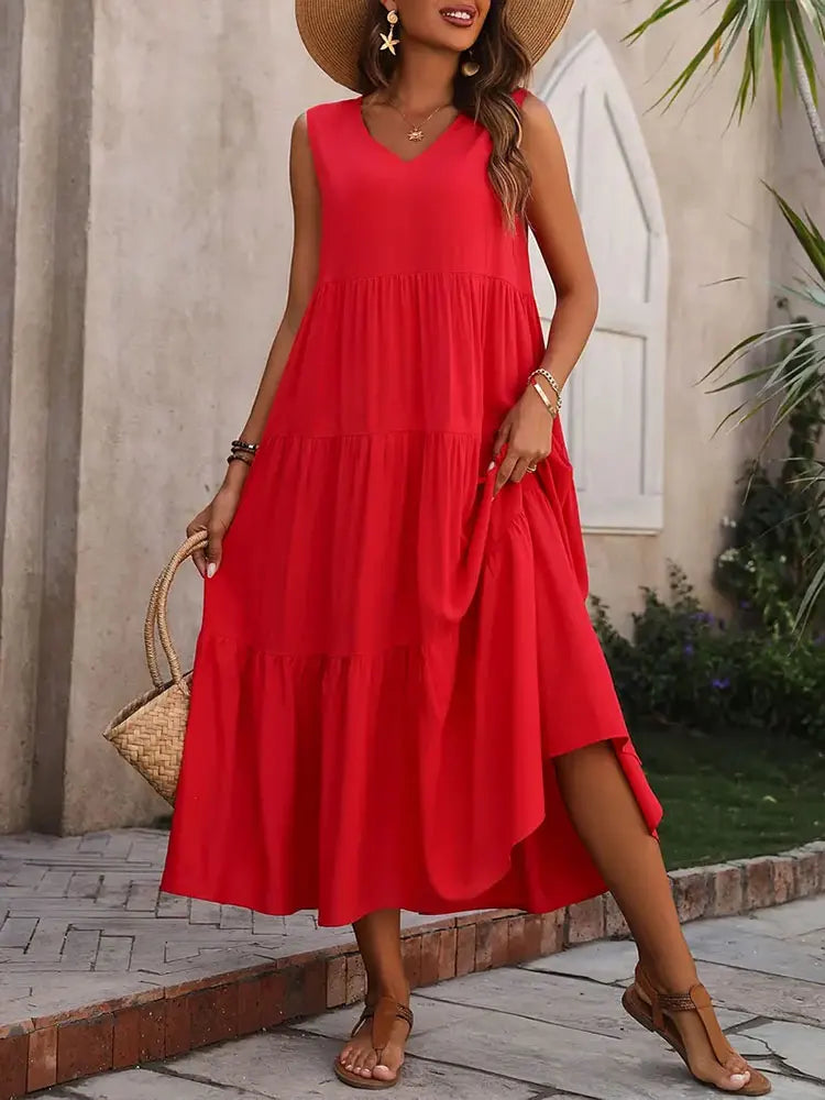 2024 Women Dress Summer Casual Brand Vacation Holiday Beach Long Dresses V-neck Loose Elegant Yellow Black RUFFLES Dress Femme