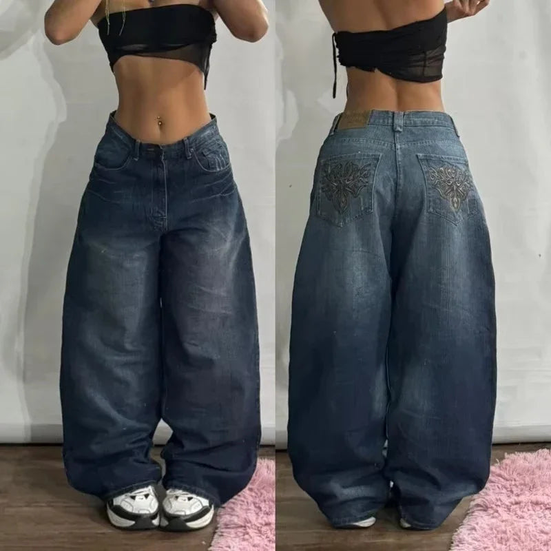 2025 New American Trend Vintage Hip-hop Embroidery Pattern Baggy Jeans Men And Women Y2K Harajuku Gothic Wide Pants Streetwear