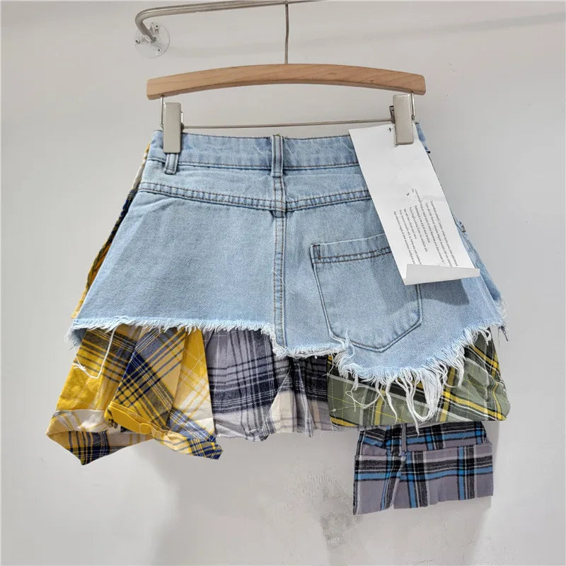 YEAE plaid patchwork irregular denim shorts women's fashion high-waisted A-word denim shorts skirt 2024 summer