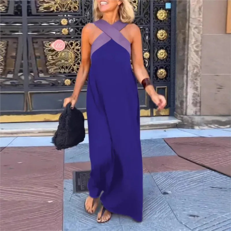 2025 New Summer Cross Halter Long Dress For Women Casual Loose Off Shoulder Beach Dress Fashion Multi-color Holiday Slim Dresses