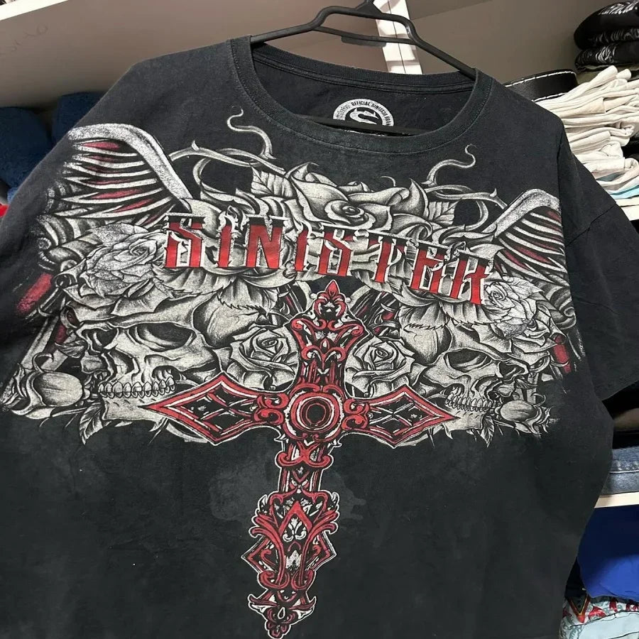 2025 Fall Affliction Red Long sleeved T shirt Round Neck Oversized shirt Casual Gothic Skull Holy Writ Letter Tops Streetwear