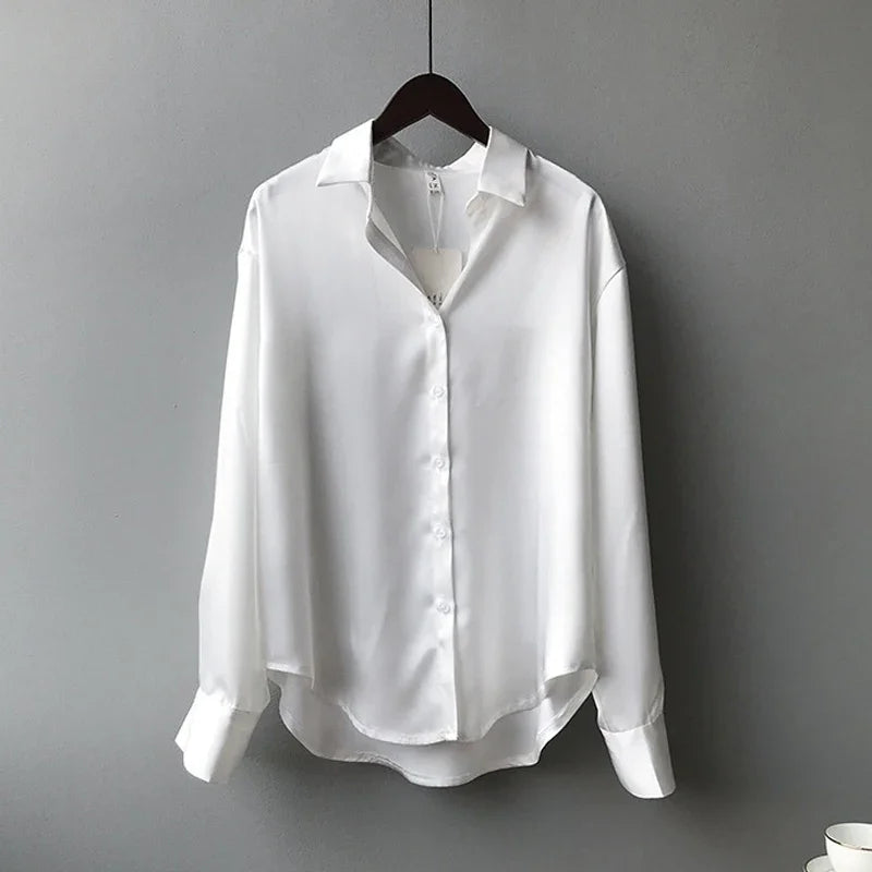 2025 Autumn Vintage Casual Button Silk Tops Elegant Satin Loose Women Shirt Spring Turn-down Collar Ladies Blouse