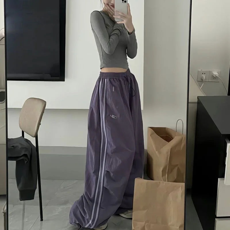 American Autumn Women Cargo Embroidery Pants Vintage Streetwear Wide Leg Sweatpants Casual Drawstring Oversize Fashion Trousers