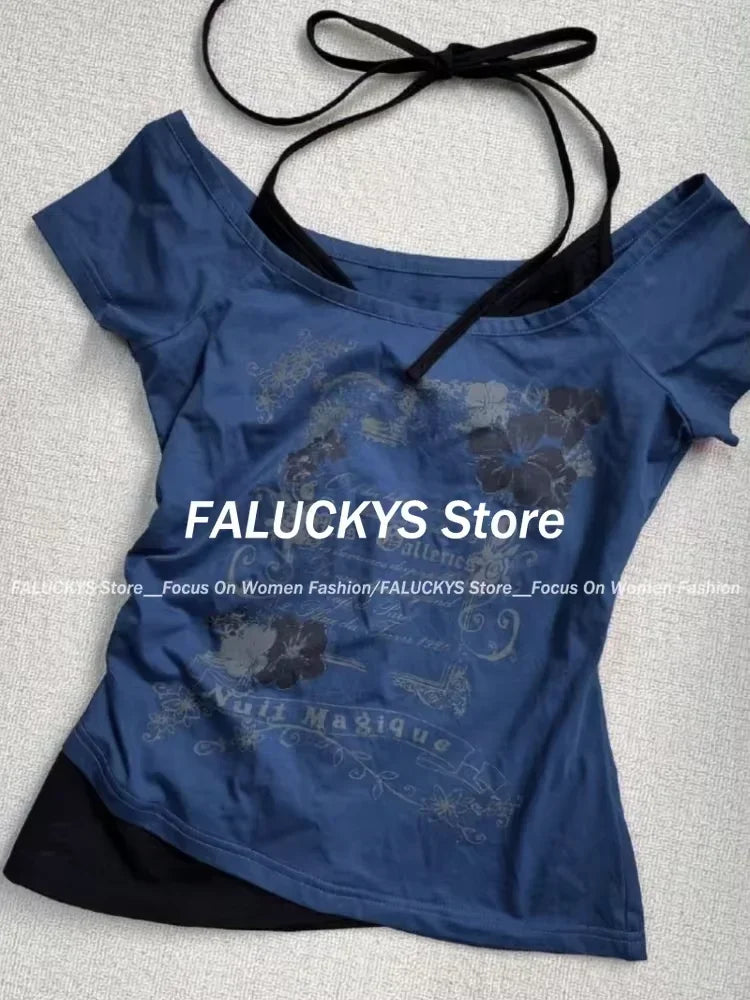 Y2K Retro Street Print T-shirt Fashion Streetwear Halter Neck Fake Two Piece Harajuku 2024 Summer Casual T-Shirt Women Clothes