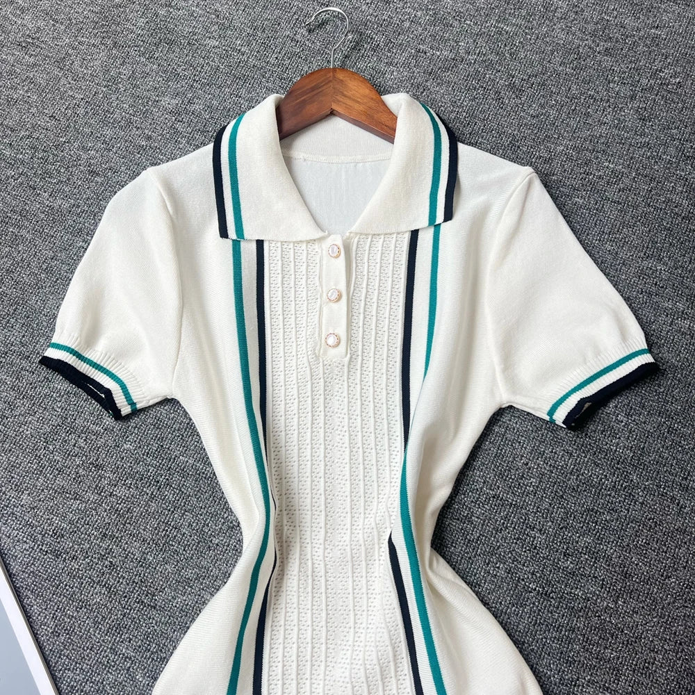 YuooMuoo Women Dress 2025 Summer Vintage Turn-down Collar Knitted Mini Dress Lady Slim Elastic Ruffled Bodycon Party Dress Robes