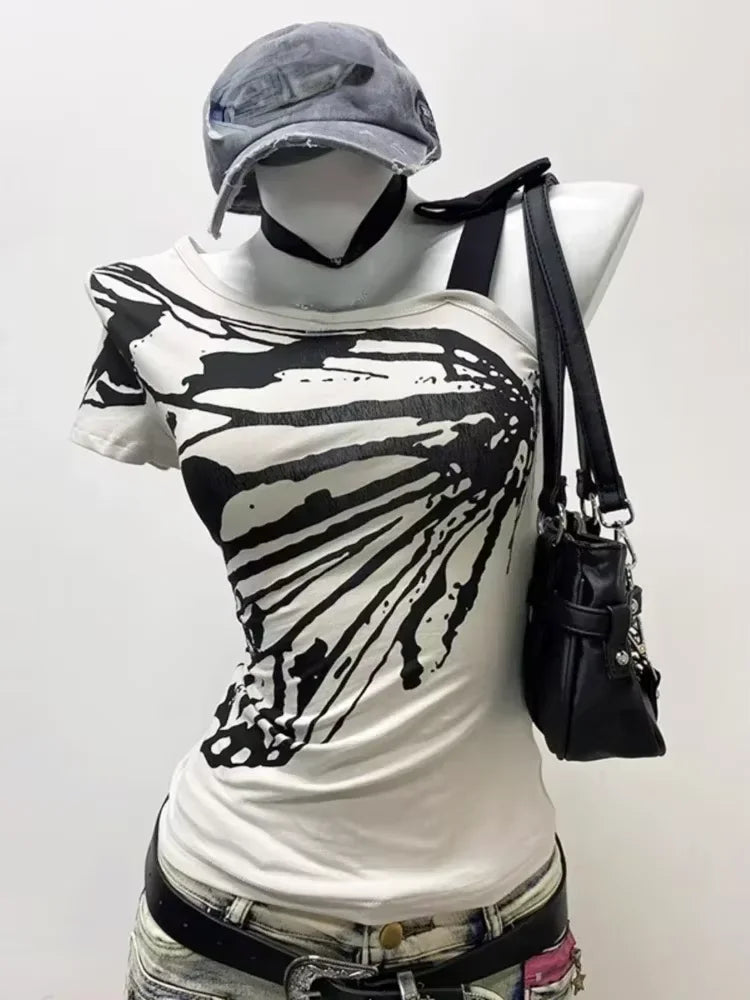 Y2K Retro Street Print T-shirt Fashion Streetwear Halter Neck Fake Two Piece Harajuku 2024 Summer Casual T-Shirt Women Clothes