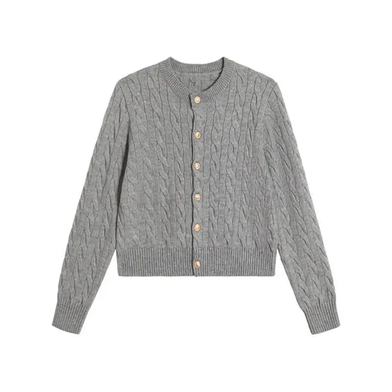 2025 O-neck Elegant Knitted Top Vintage Long Sleeve Cardigan Women Sweater Fashion Autumn Grey Knitwear