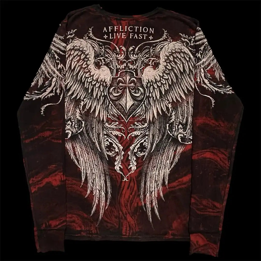 2025 Fall Affliction Red Long sleeved T shirt Round Neck Oversized shirt Casual Gothic Skull Holy Writ Letter Tops Streetwear