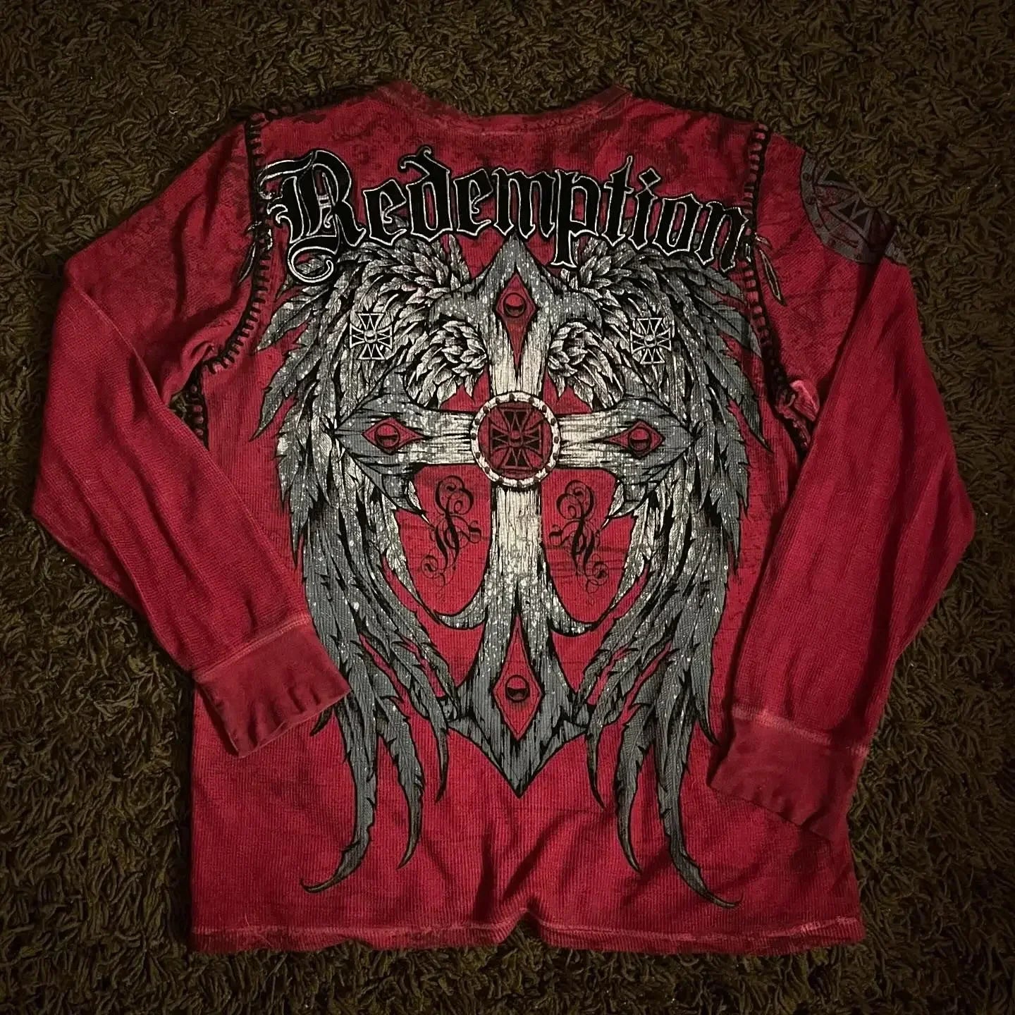 2025 Fall Affliction Red Long sleeved T shirt Round Neck Oversized shirt Casual Gothic Skull Holy Writ Letter Tops Streetwear
