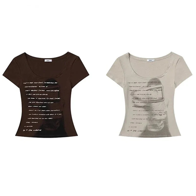 2025 Summer Women Retro Sweet Spicy Skinny Tops Lady Bean Green Casual T-Shirts Girls Letter Portrait Print Short Sleeve Clothes