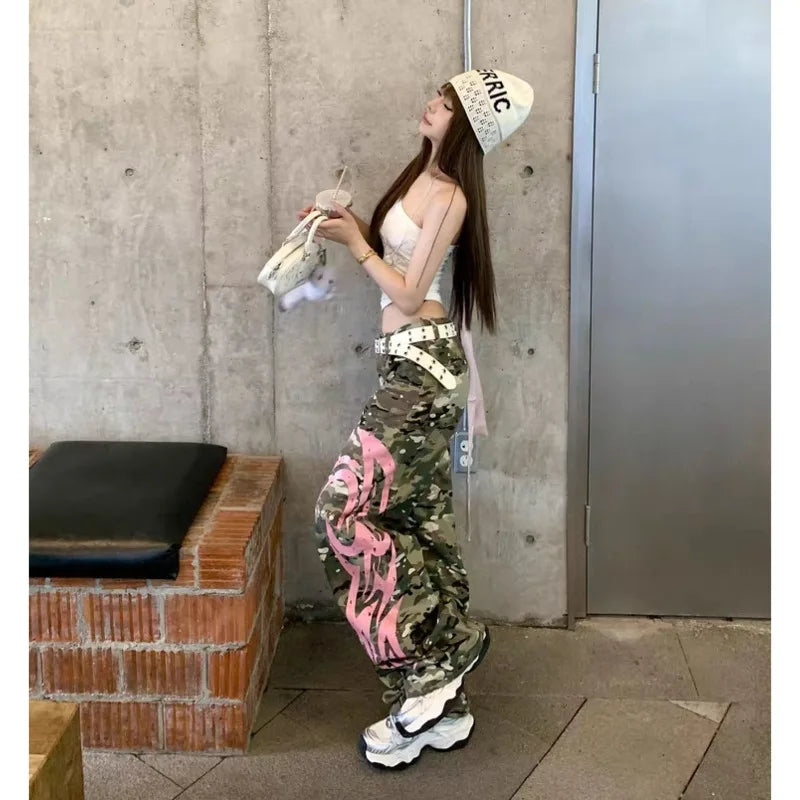 American Street Tools Three-dimensional Camouflage Machete Printed Pants Women Y2K Spice Girls Pants Slim Slim Wide-leg Mop Pant