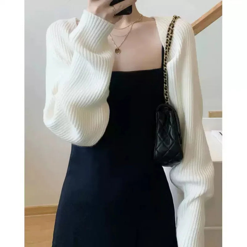 1pcs Four Season Women Cardigan Long Sleeve Short Shawl Jacket Sun Protection Knitted Cropped Loose Shirt Paired With Camisoles