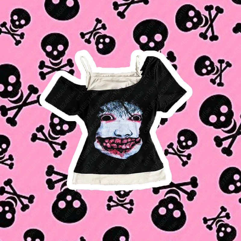 Y2k Slim Fit Print Tops Women Off Shoulder Short Sleeve Tee Shirt Neploe American Vintage Fake Two Piece Halter Lace Up T-shirts
