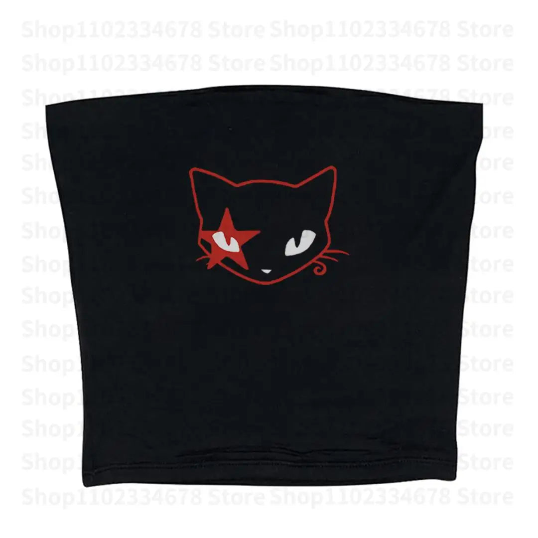 Y2K Gothic Emo Vintage Sleeveless Tank Tops Kitten Printed Sweat Vest Y2K Aesthetic Harajuku Streetwear Women Slim Fit Crop Tops