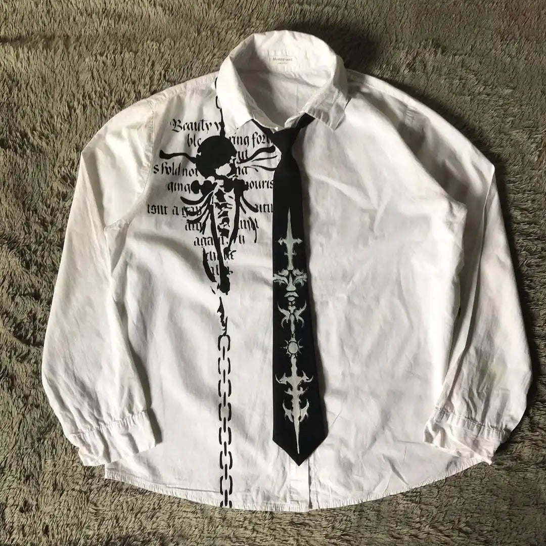 2025 New White Long sleeves Shirt Affliction Retro T Shirt Harajuku Men Skull Holy Writ Stripe Printing Tee Fashion Gothic Tops