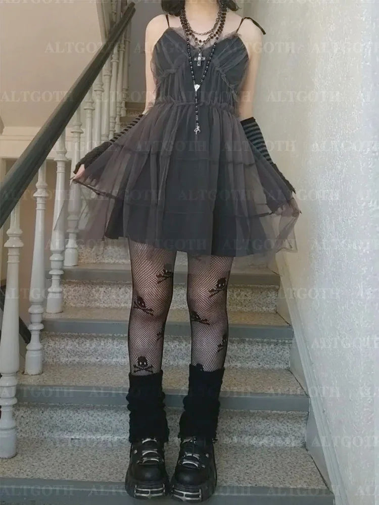 AltGoth Y2k Gothic Mesh Dress Women Fairycore Grunge Streetwear Sexy Spaghetti Strap High Waist A-line Dress Soft Goth Outfits