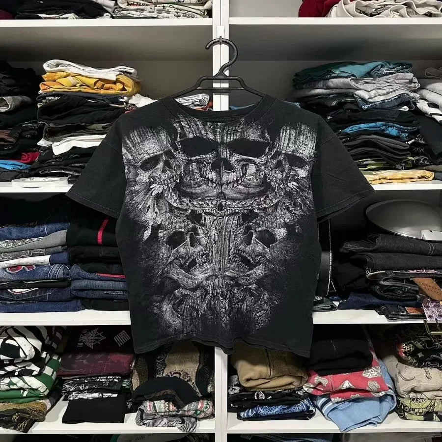 2025 Fall Affliction Red Long sleeved T shirt Round Neck Oversized shirt Casual Gothic Skull Holy Writ Letter Tops Streetwear