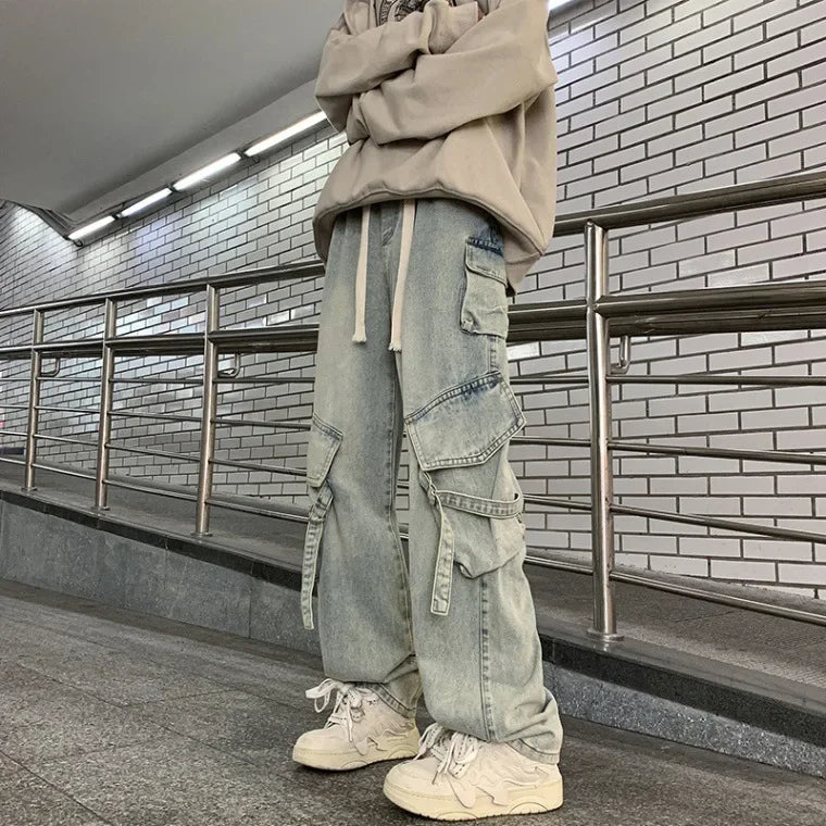 American Style Streetwear Men's Jeans Multi-Pocket Loose Straight-Leg Wide-Leg Spring Autumn New Arrival Long Pants