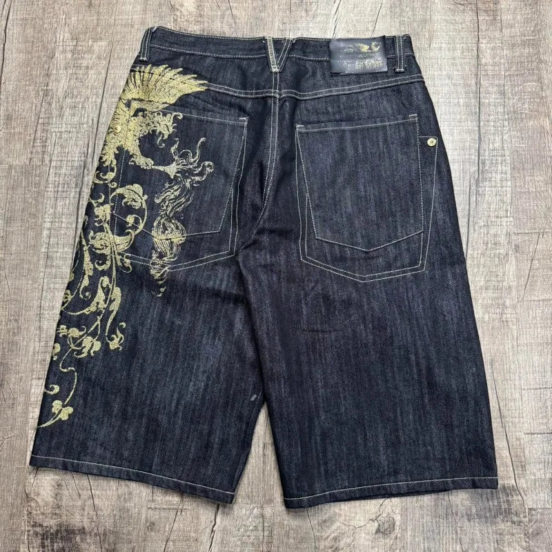American Vintage Popular New Yellow Print Loose Denim Shorts Men Streetwear Fashion Gothic Casual Joker Shorts Women Clothing