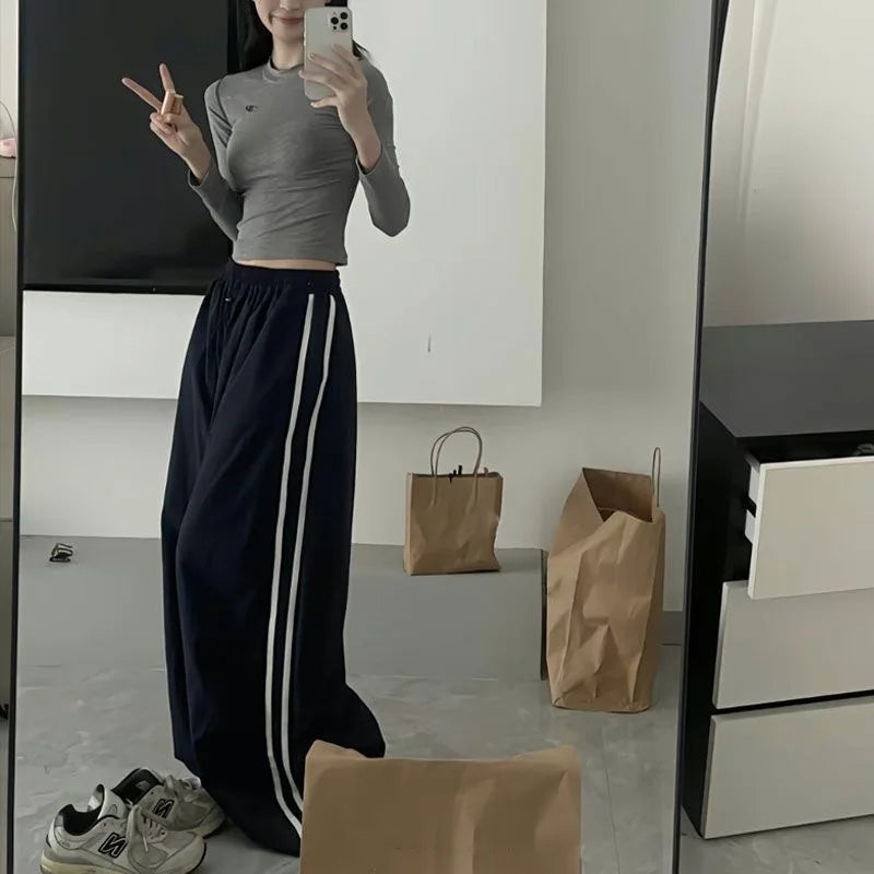 American Autumn Women Cargo Embroidery Pants Vintage Streetwear Wide Leg Sweatpants Casual Drawstring Oversize Fashion Trousers