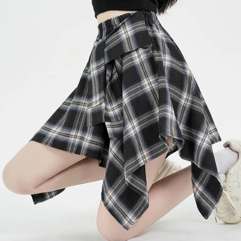 2025 Summer Women Casual Street Fashion Irregular Plaid Skirt Bow-knot Elastic Waist Mini Shirts Teenagers Girls Hip Hop Clothes