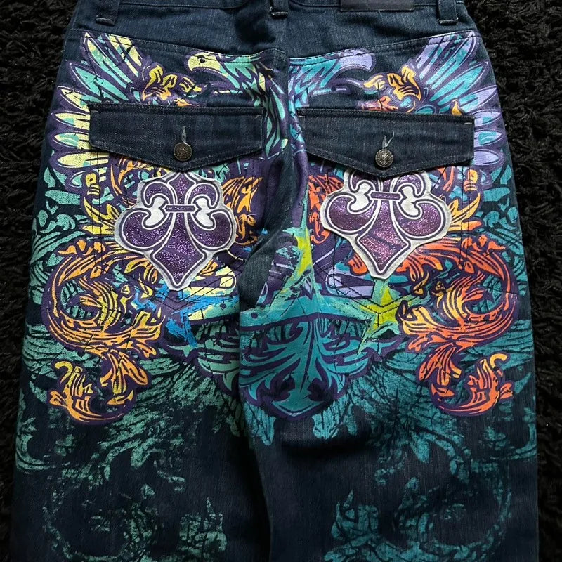 2025 New American Trend Vintage Hip-hop Embroidery Pattern Baggy Jeans Men And Women Y2K Harajuku Gothic Wide Pants Streetwear