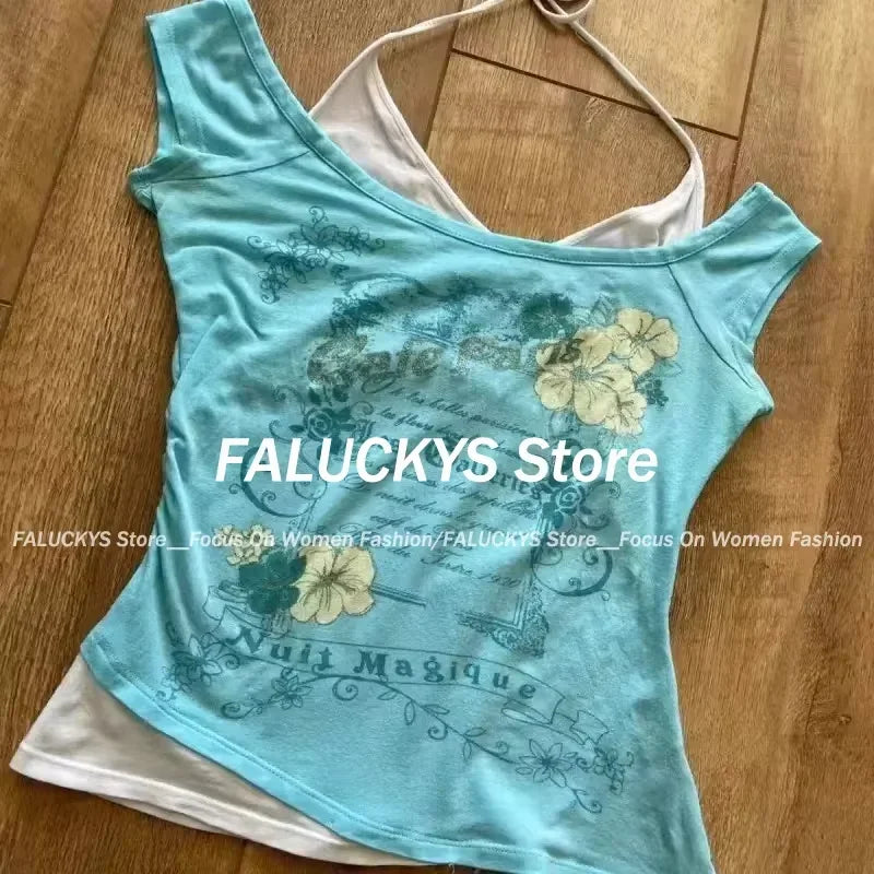 Y2K Retro Street Print T-shirt Fashion Streetwear Halter Neck Fake Two Piece Harajuku 2024 Summer Casual T-Shirt Women Clothes