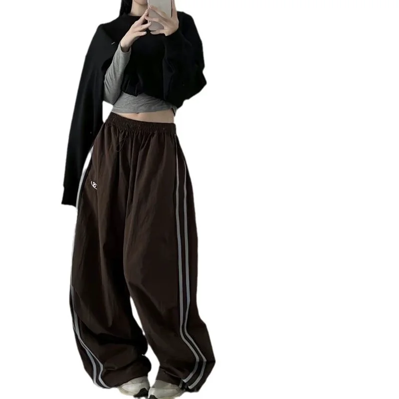 American Autumn Women Cargo Embroidery Pants Vintage Streetwear Wide Leg Sweatpants Casual Drawstring Oversize Fashion Trousers