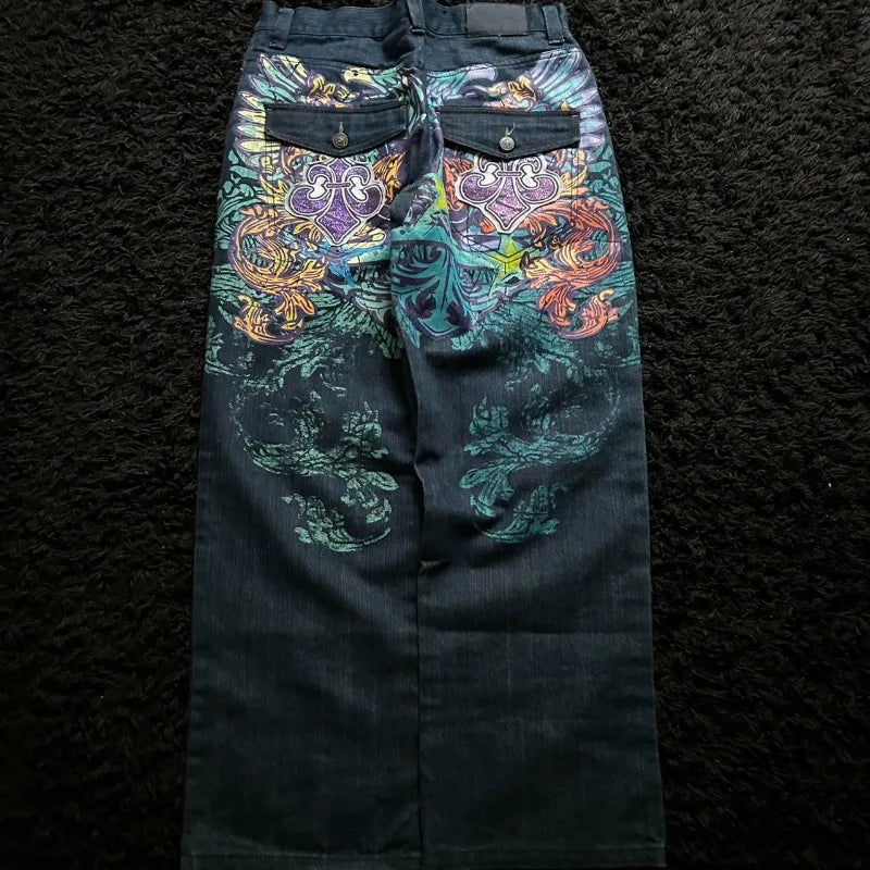 2025 New American Trend Vintage Hip-hop Embroidery Pattern Baggy Jeans Men And Women Y2K Harajuku Gothic Wide Pants Streetwear