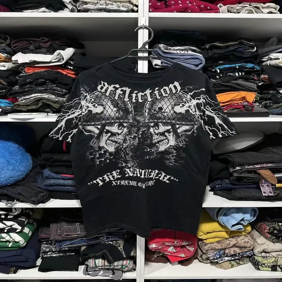2025 Fall Affliction Red Long sleeved T shirt Round Neck Oversized shirt Casual Gothic Skull Holy Writ Letter Tops Streetwear