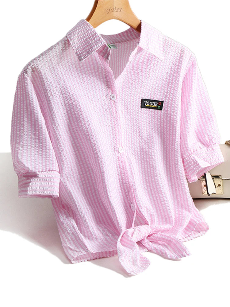AOSSVIAO Casual Women Shirts 2025 Summer New Fashion Collar Blouse Stripe Buttons White Shirt Women Tops Streetwear