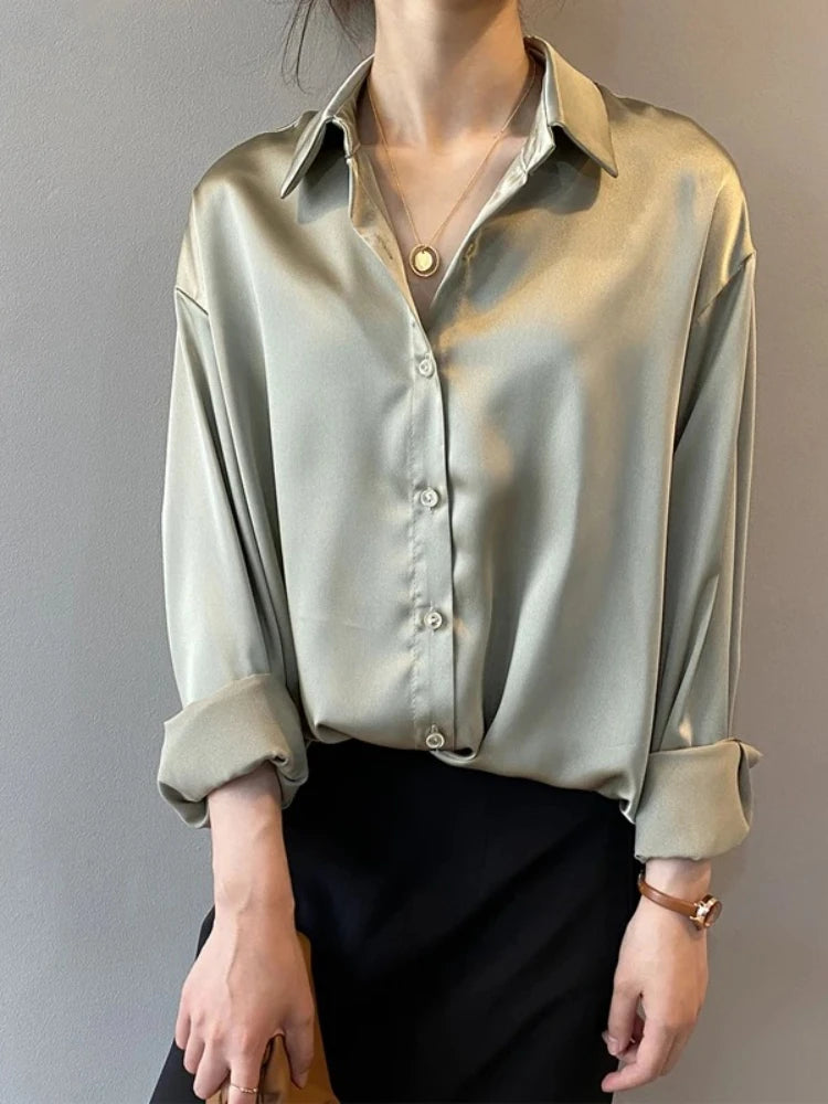 2025 Autumn Vintage Casual Button Silk Tops Elegant Satin Loose Women Shirt Spring Turn-down Collar Ladies Blouse