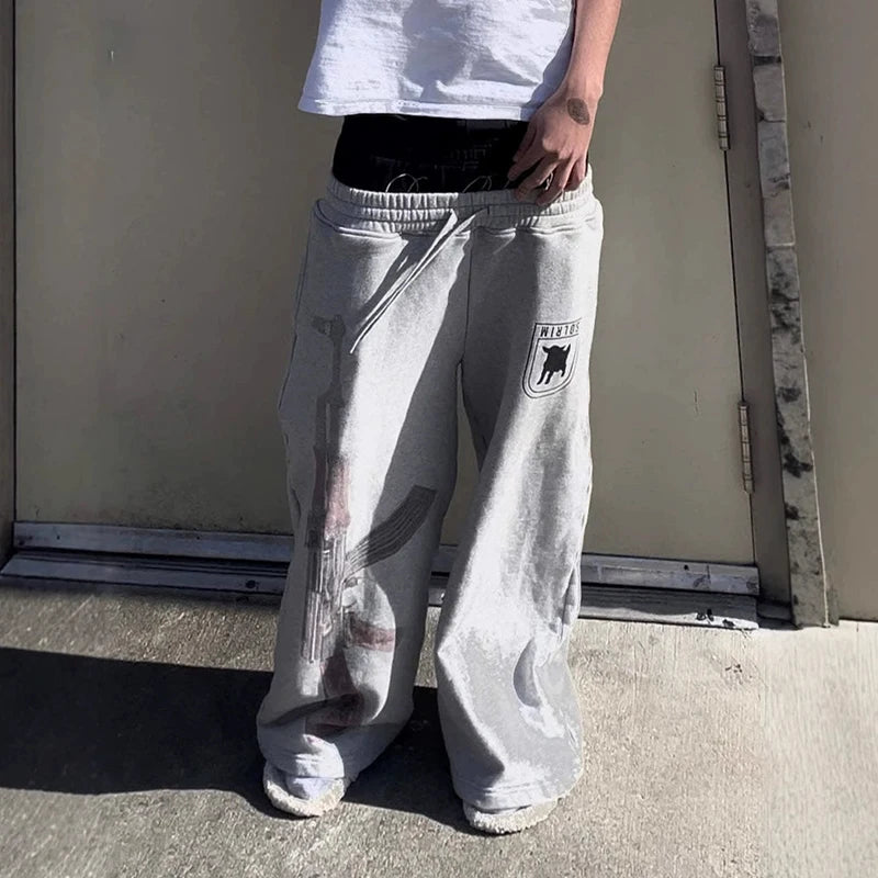 Y2k Street Trend Contrast Drawstring Daily Sweatpants Men Women The Same Fake Two Trendy High Street Leisure Loose Sweatpants