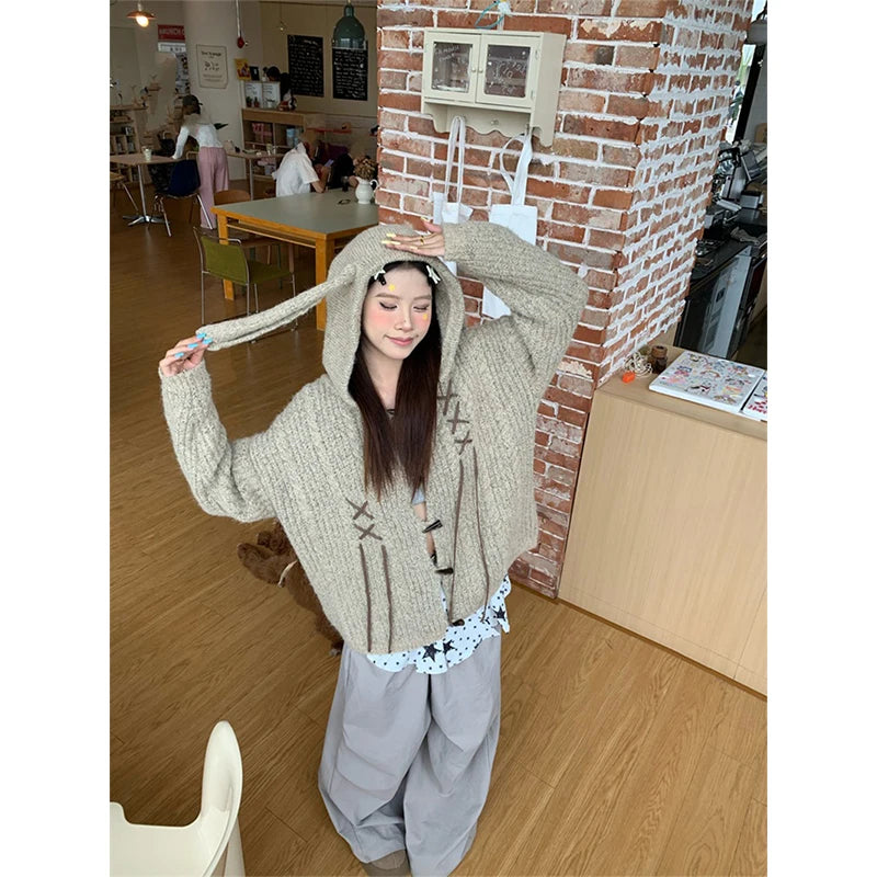 Y2K Hooded Knitted Cardigan Women Harajuku Cute Core Sweater Outerwears Streetwear Long Sleeve Knitwears Winter Korean Jumpers